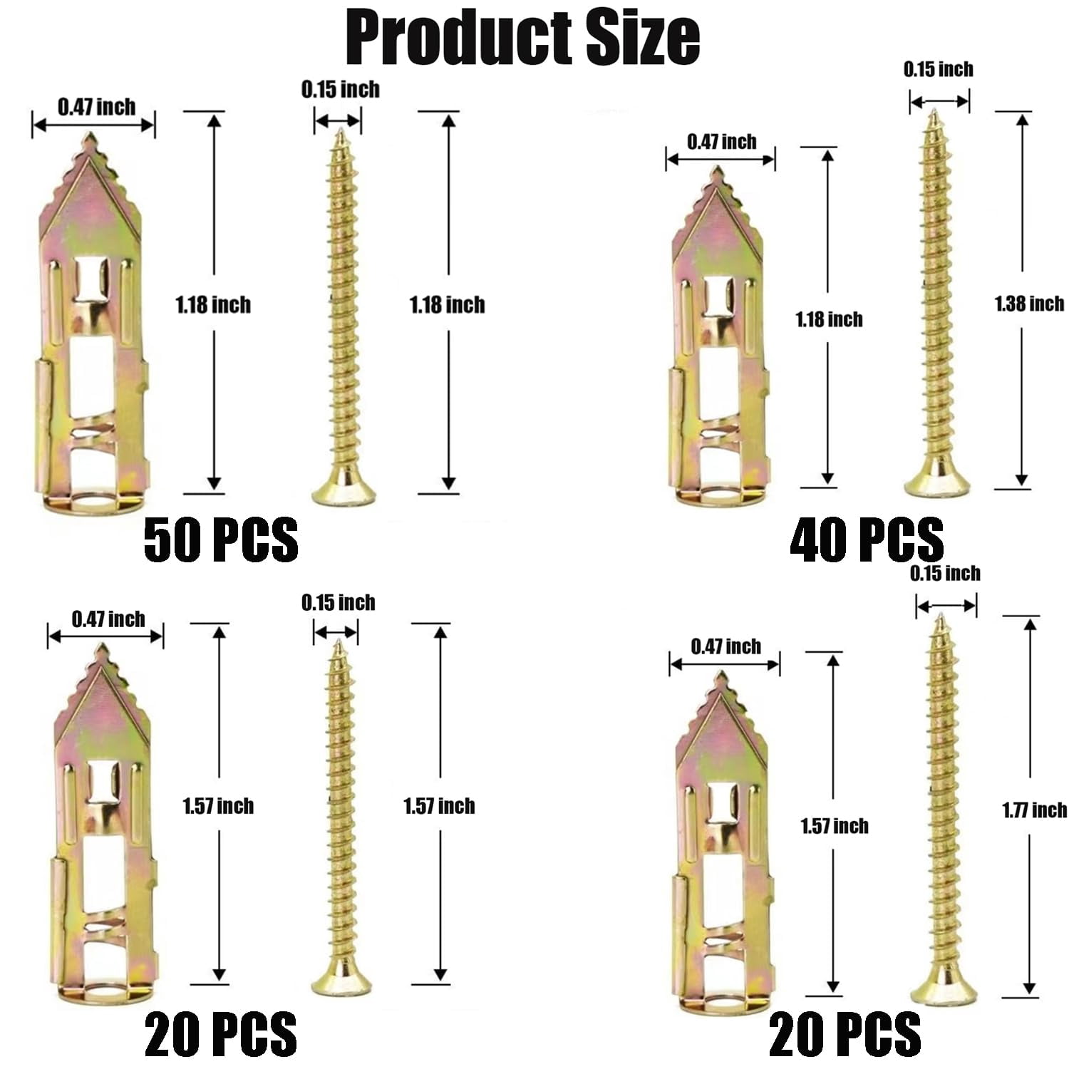 50 PCS Self Drilling Drywall Anchors with Screws Kit, Anchors and Screws Kit, No Drill Or Holes in Wall Drywall Anchors(0.47x1.18'' Self Drilling Anchors and 0.15 x1.18'' Screws)