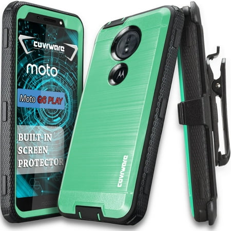 Moto G6 Play/G6 Forge/Moto E5 (XT1920DL), COVRWARE [Iron Tank] Built-in [Screen Protector] Heavy Duty Full-Body Rugged Holster Armor Case [Brushed Metal Texture][Belt Clip][Kickstand], Teal