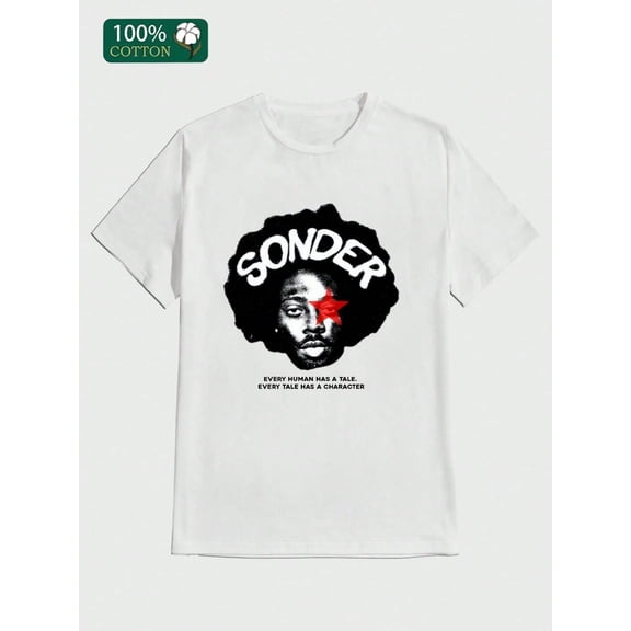 Sonder Afro Printing  Casual Print, Comfortable and Versatile, Letter Pattern Pure Cotton 220g Printed T-shirt 100%  Cotton