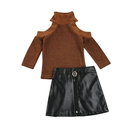 

Sunisery Fashion Toddler Baby Girls Clothes Off Shoulder Long Sleeve Pullover Knitted Sweater+ Leather Skirt Outfits Brown 4-5 Years