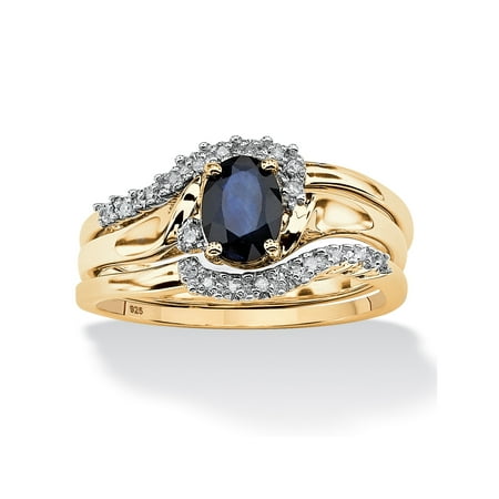 18k Bridal Set Ring - 3 Piece Oval-Cut Midnight Sapphire Bridal Ring Set in 18k Gold over Sterling Silver