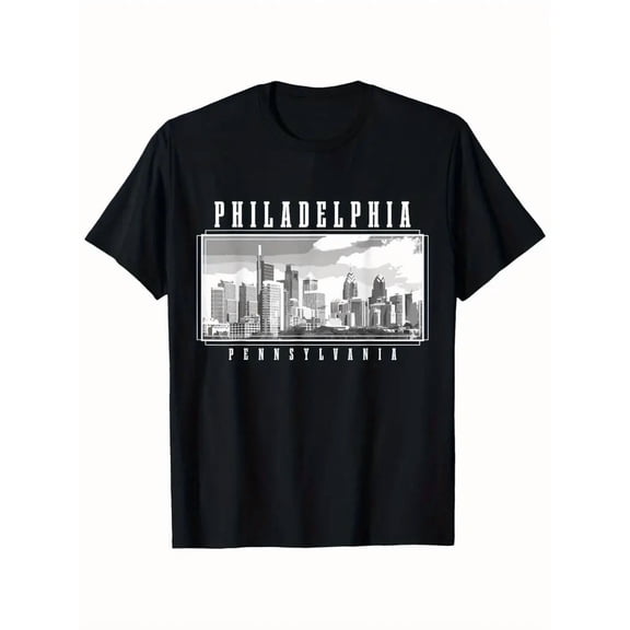 Men's Philadelphia PA Skyline Vintage T-Shirt - Heavyweight Black Tee with Iconic Cityscape, Philly Pride Graphic Shirt for Local Residents & Tourists, Machine Washable Casual