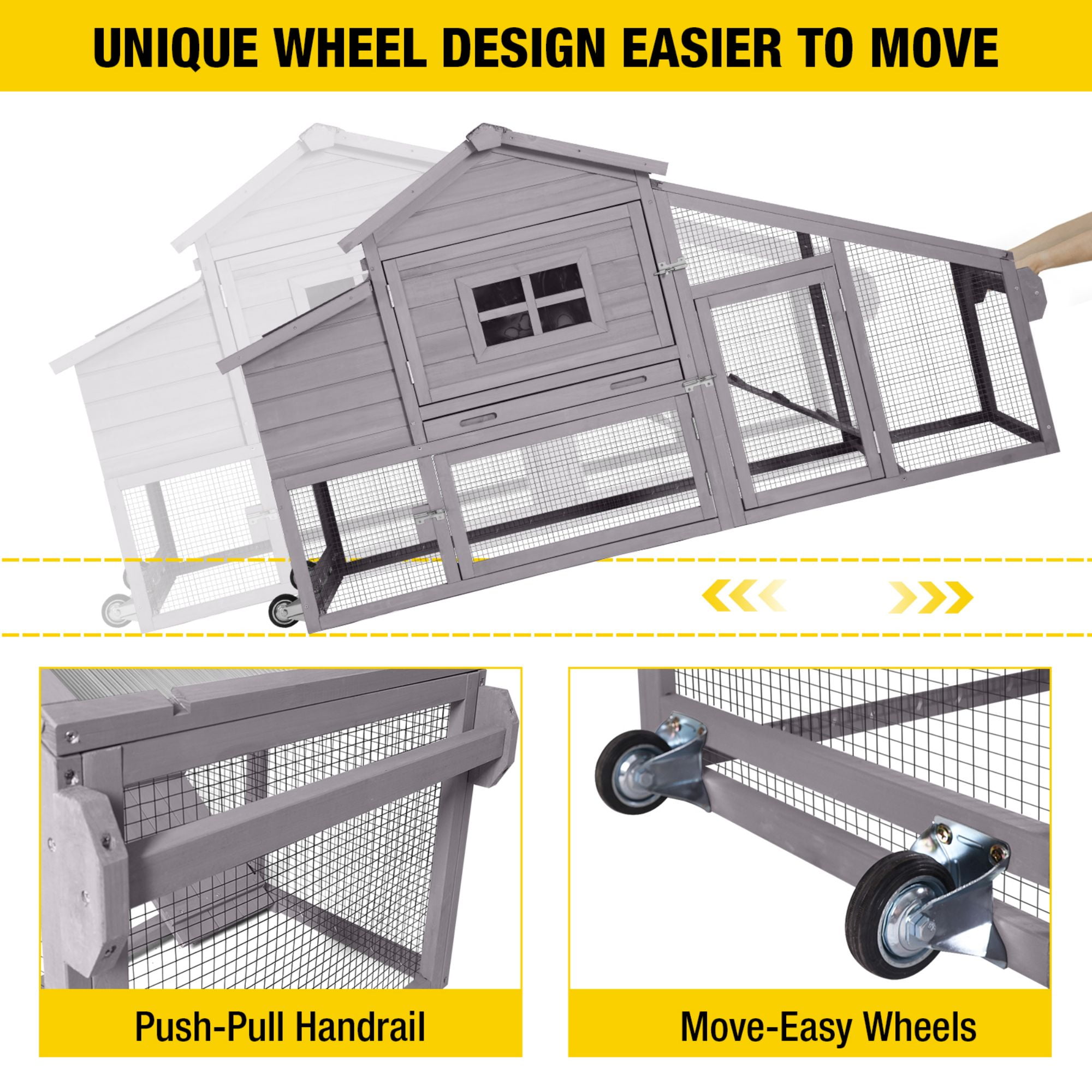 Aivituvin Mobile Chicken Coop with Wheels for 2-4 Chickens, Weatherproof Chicken House Poultry Cage with Nesting Box, Leakproof Pull-Out Tray for Outdoor Backyard, Gray