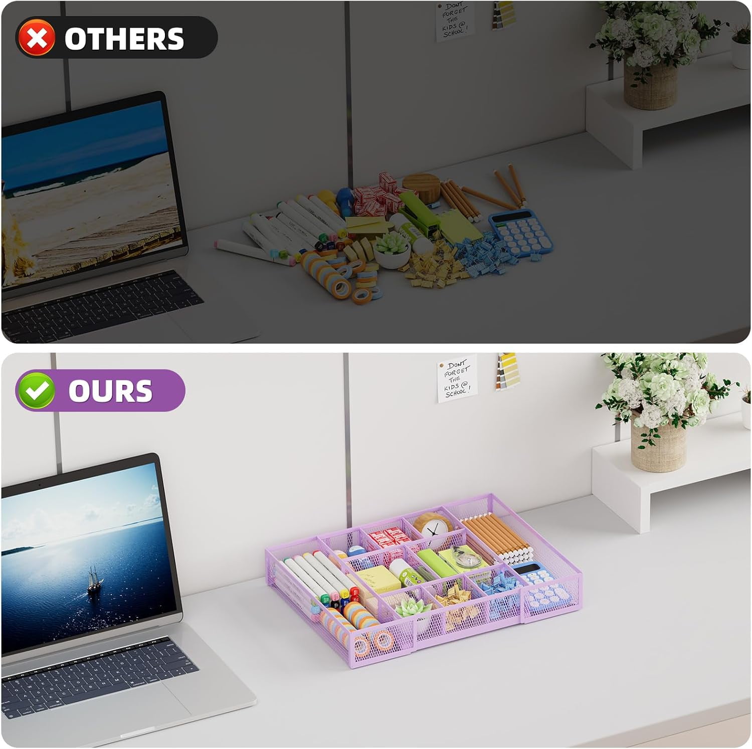 Expandable Desk Drawer Organizer, Mesh Drawer Organizer Tray with 10 Adjustable Compartments, Desk Organizers and Accessories for Office Supplies, Makeup & Vanity (Expandable-Purple 2 pack)