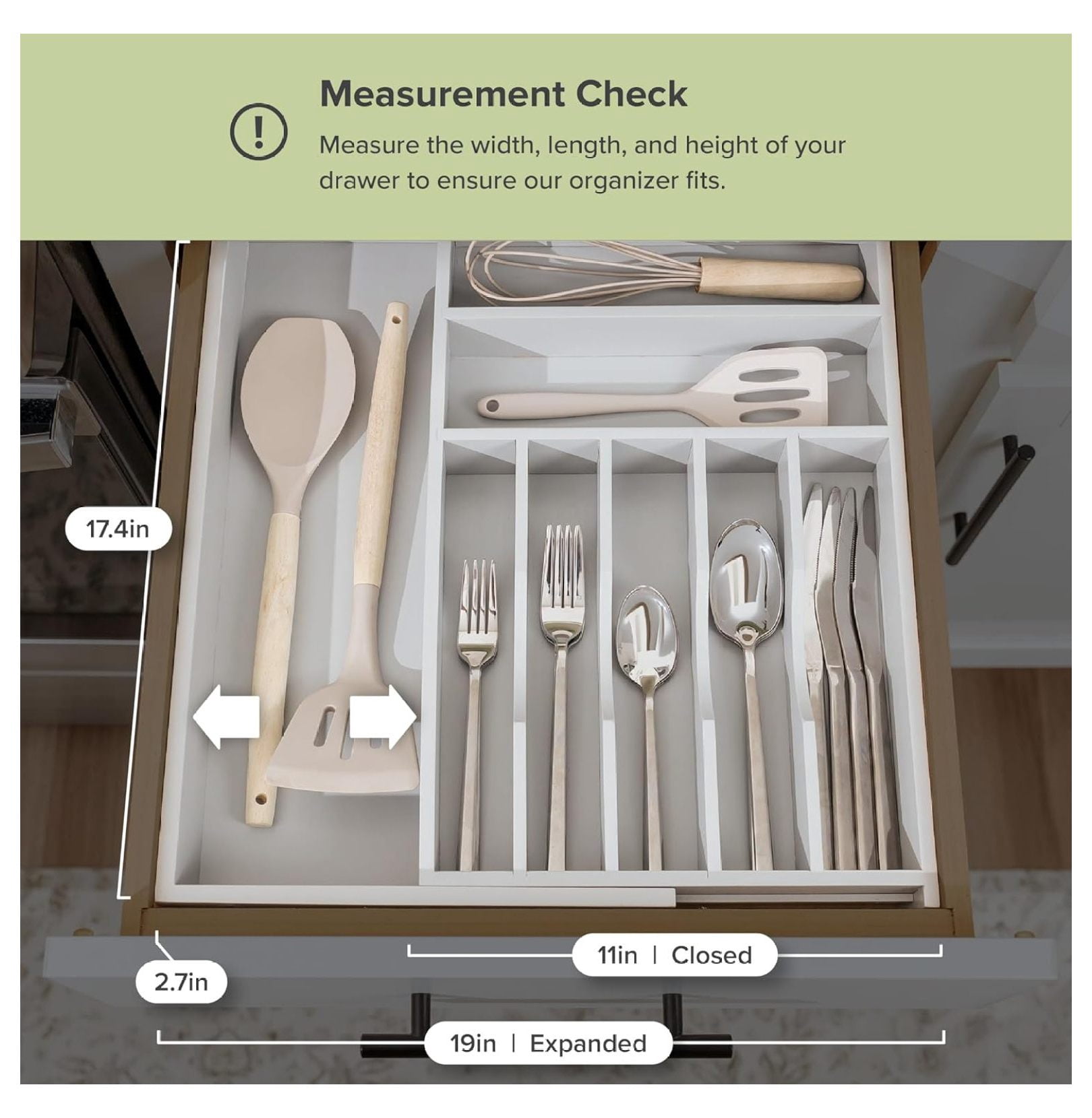 Premium Silverware, Flatware and Utensil Organizer for Kitchen Drawers, Food-Safe Contract Grade, Expandable from 10.5 to 19 In, Gray Bamboo