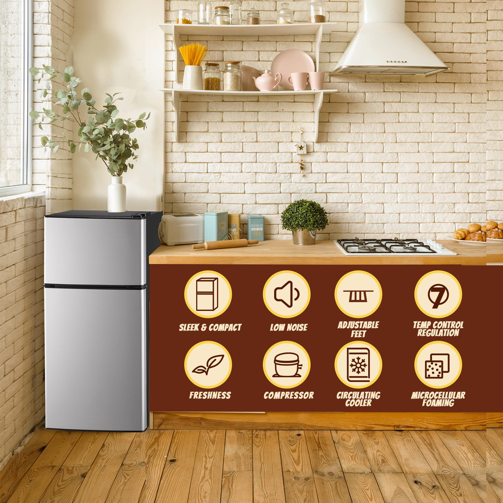 Tacool Small Mini Fridge with Top Freezer Compact Refrigerator Dual Door with Adjustable Thermostat Silver for Home New