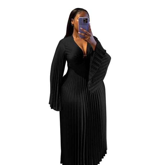 AURA Women Plus Size V Neck Bodycon Long Dress Elegant Long Sleeve Solid Color Dress