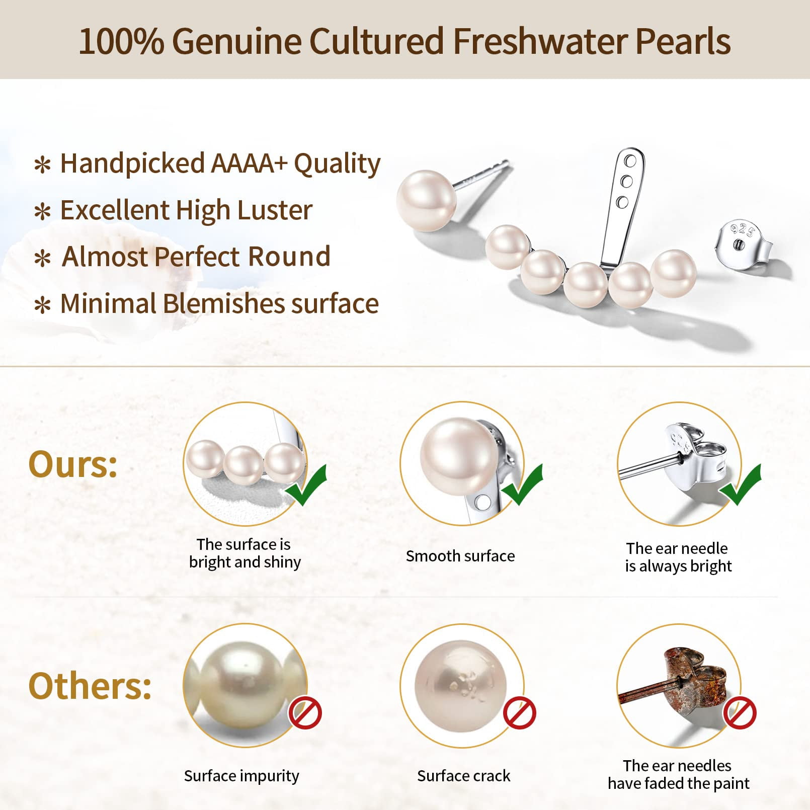 ChicSilver Ear Jacket Cuff Earrings Set Sterling Silver Round Fresh Water Pearl Stud And Jacket Ear Cuff Earrings Front Back 2 in 1