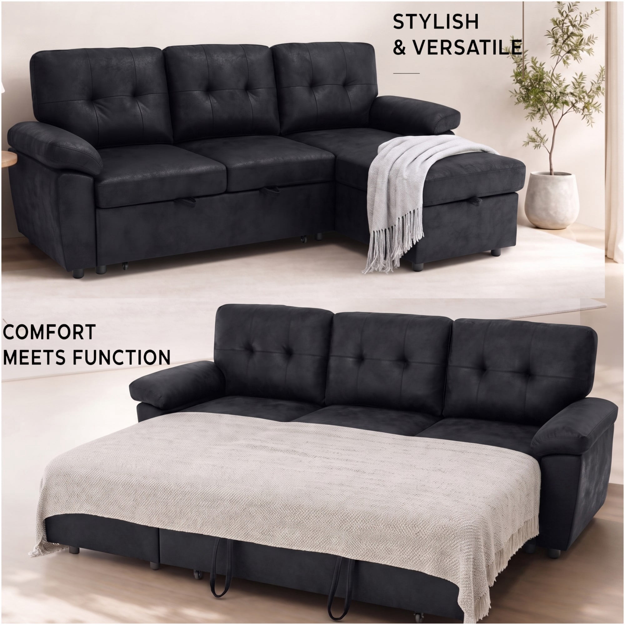 BSHTI 88.5" Polyester Fabric L-Shaped Sectional Sleeper Sofa Bed with Pull-Out Bed, Storage Chaise for Living Room( Light Brown)