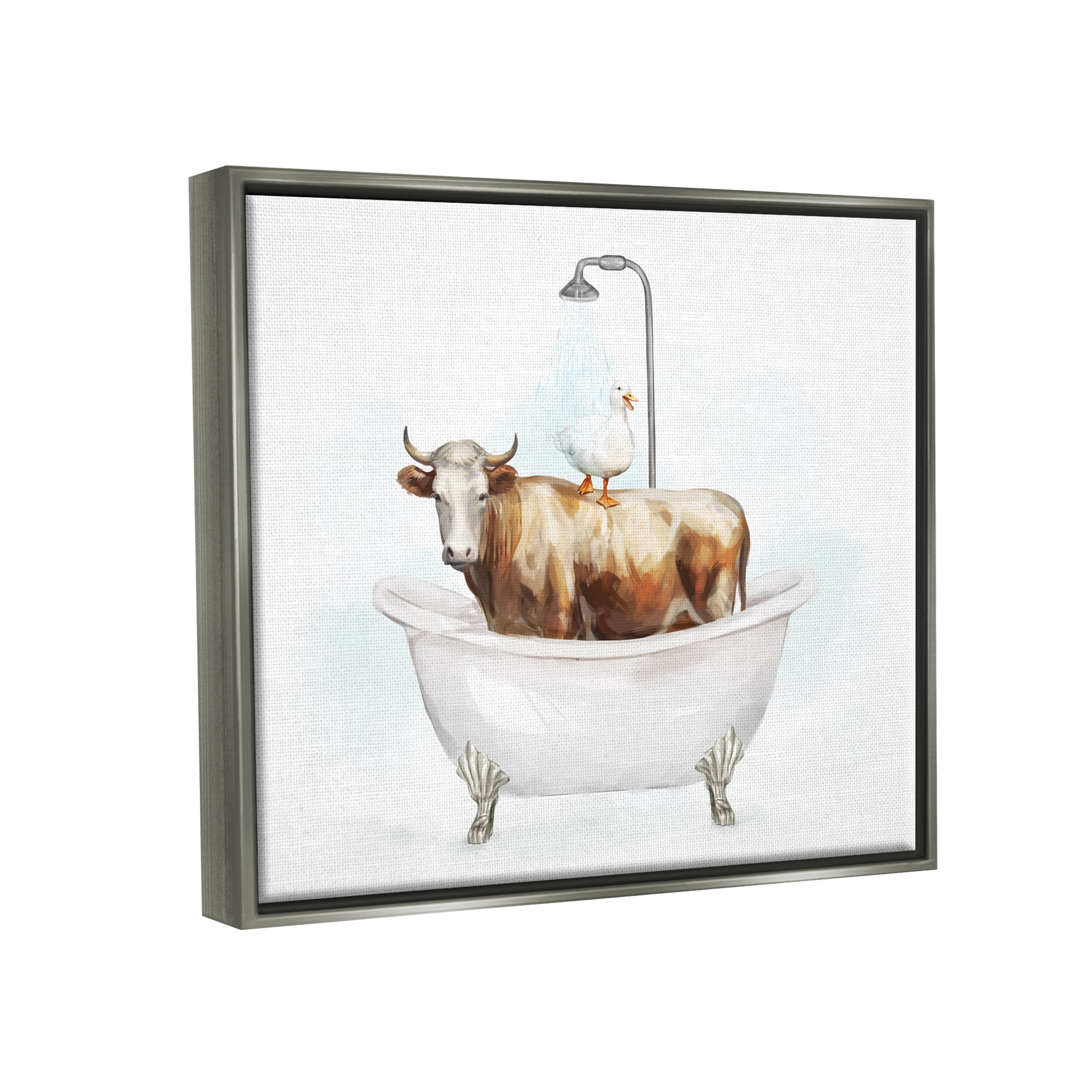 Stupell Industries Duck & Cow in Tub Animals & Insects Painting Gray Floater Framed Canvas Art Print Wall Art, 31 x 25