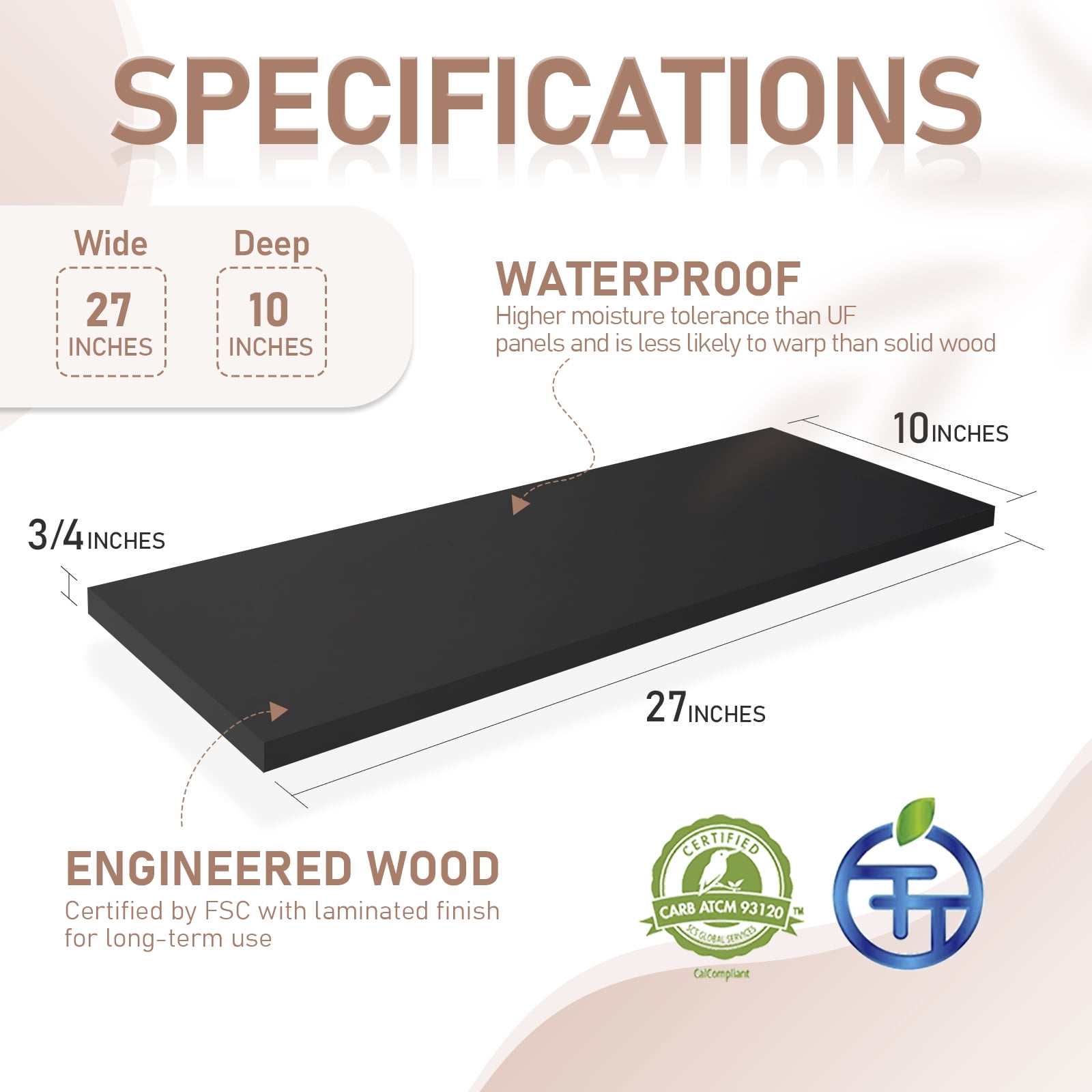 Kaboon 27 inch Long 10 inch Deep Floating Shelves for Wall Set of 2, Large Open Shelves Wall Mounted, Space Saving Home and Commercial Use, Black