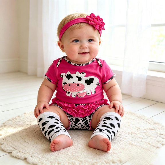 Angala 4 Piece Outfits For Girls Crew Neck Short Sleeve Cartoon Cow Print T Shirt With Leggings Shorts And Headwear Set Girls Autumn Daily Wear Clothes