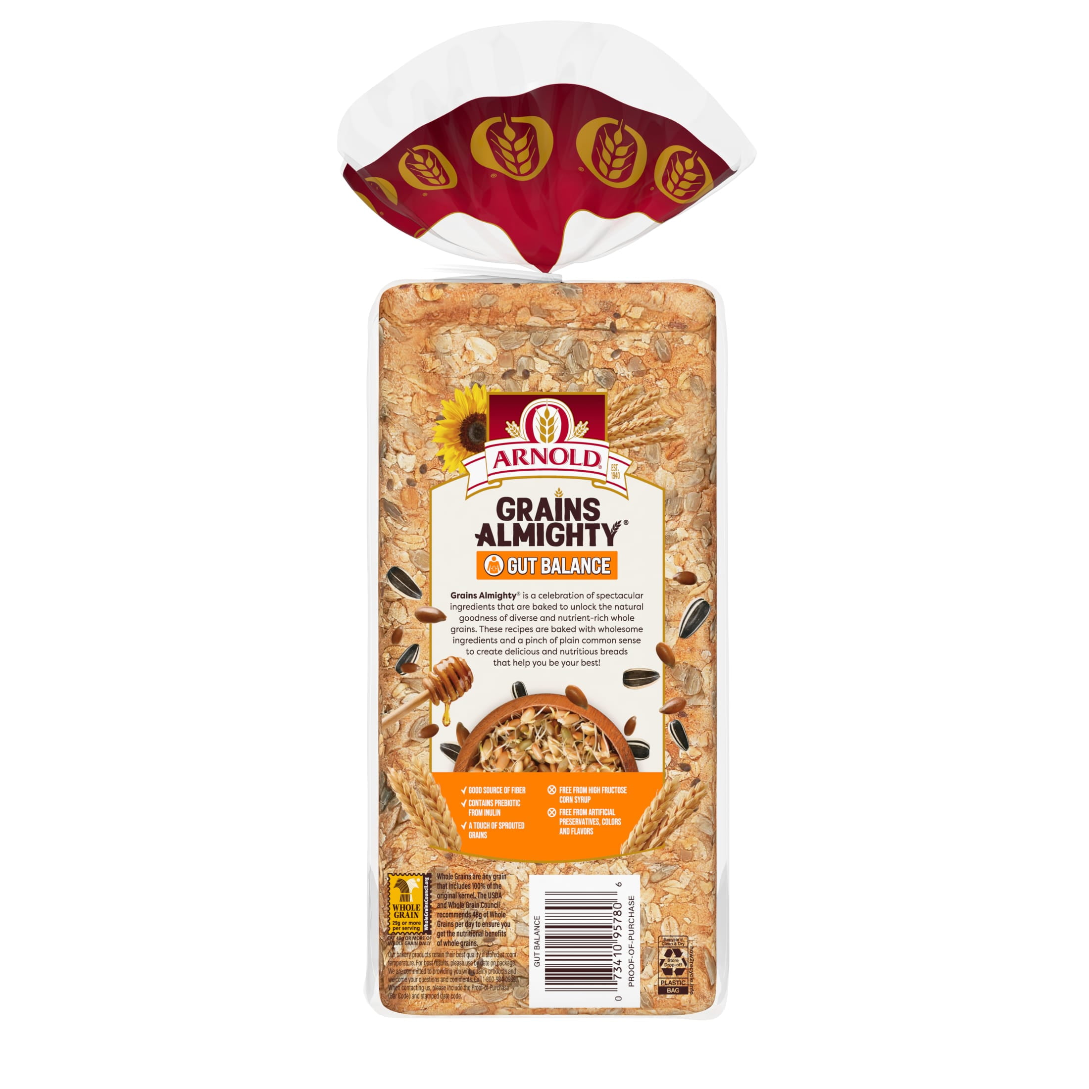 Arnold Grains Almighty Gut Balance Bread, 20 oz, Whole Grains Thin Sliced Seeded Bread, Bag