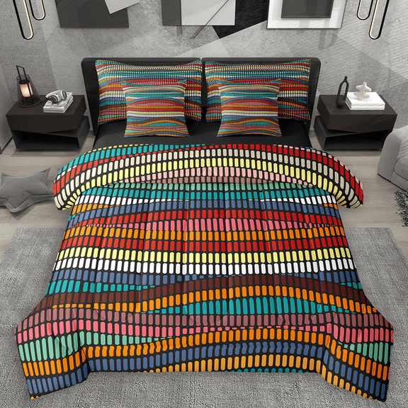 Manfei Colorful Stripes Twin Bedding Sets 7pcs, Contemporary Abstract Bedding Comforter Set, Wave Lines Sheet Sets, Ultra Soft Home Decor