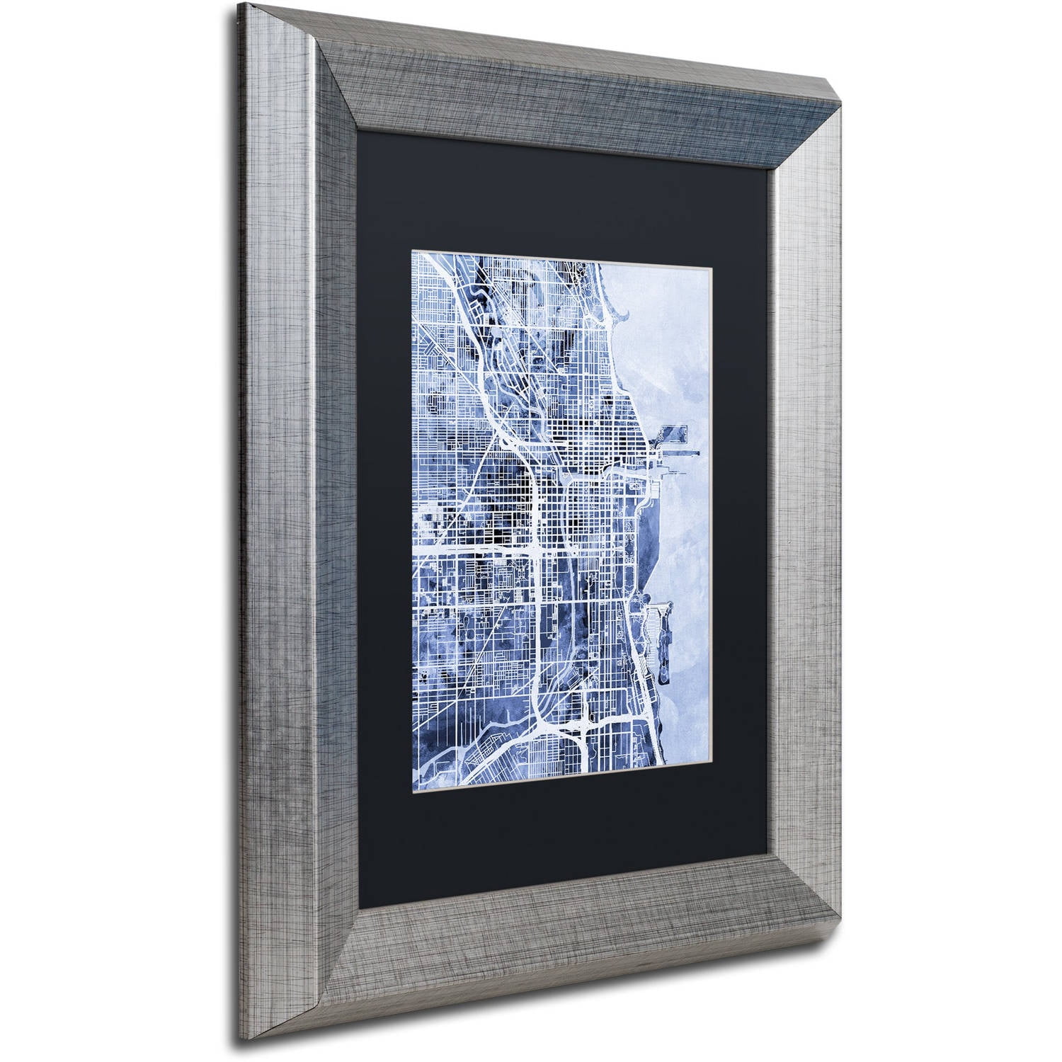 Trademark Fine Art "Chicago City Street Map B&W" Canvas Art by Michael Tompsett, Black Matte, Silver Frame
