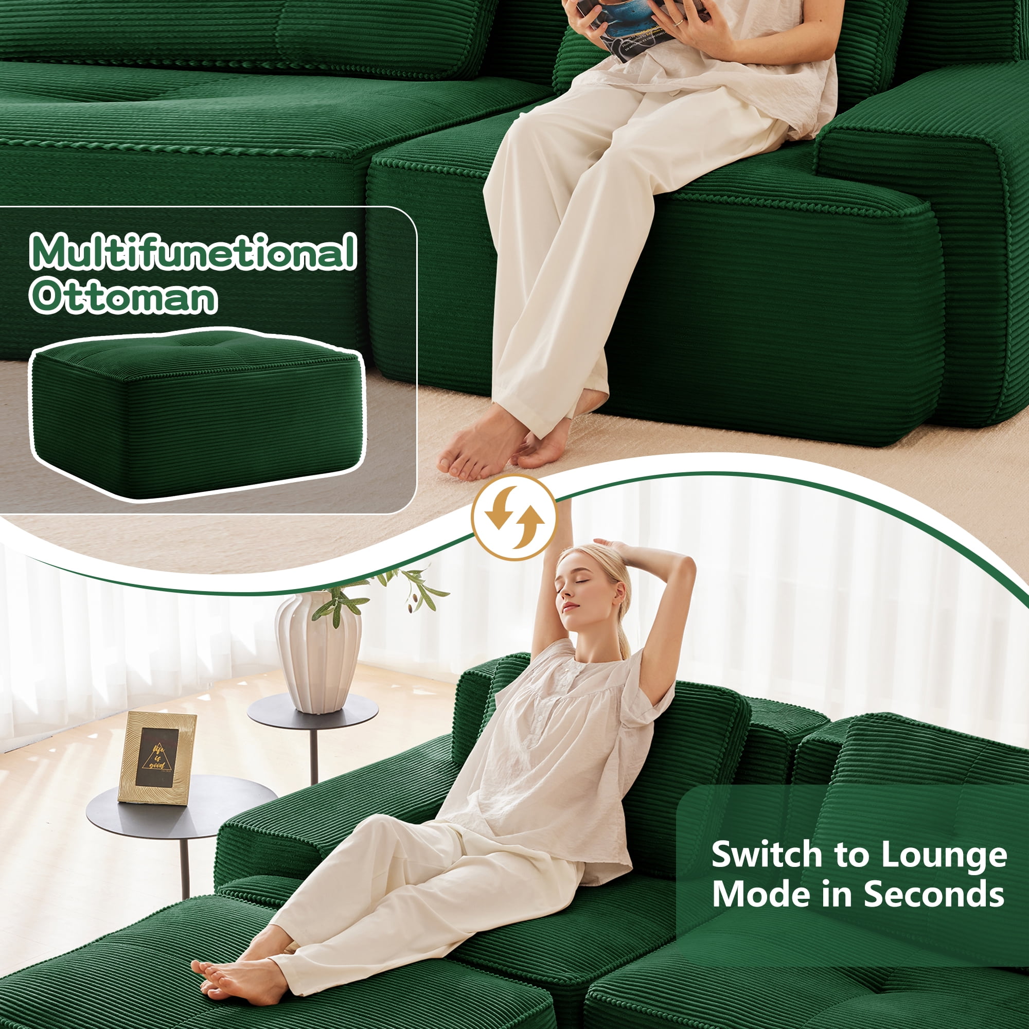 Yoneston 82" Modular Sectional Sofa 2 Seater Couch with Cushions, No Assembly Corduroy Loveseat Sofa for Living Room Bedroom Apartment, Green