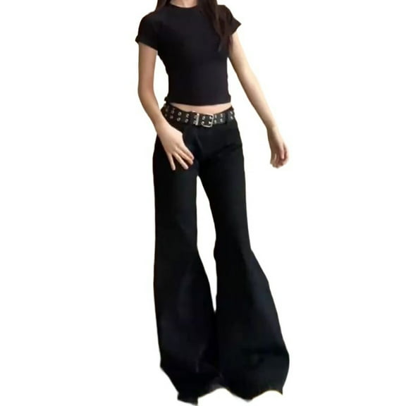 REALiKUN Stretch Wide Leg Jeans for Women Low Rised Flared Hem Bell Bottom Baggy Denim Pants with Pockets