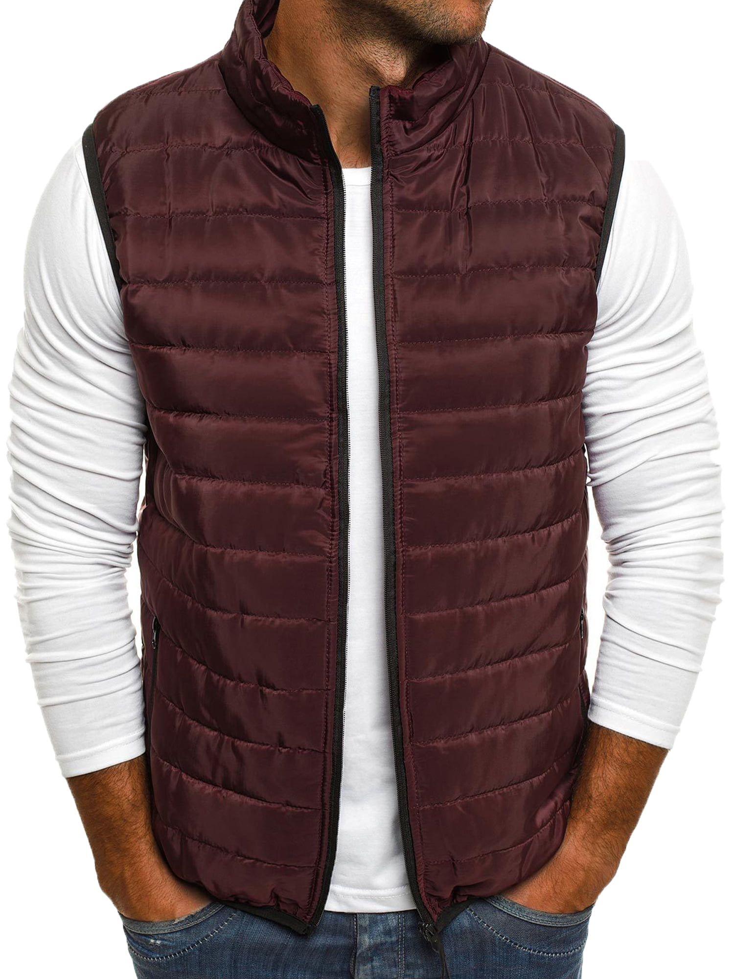 Men Faux Leather Sleeveless Quilted Jacket Fur Lined Sherpa Vest Waistcoat Gilet