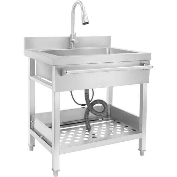 Stainless Steel Utility Sink 25.7×20.3×33.8" Free Standing Single Bowl Sink with Pull-Out Faucet Storage Shelf Deep Basin Sink for Kitchen Garage Restaurant Basement Outdoor (Silver)