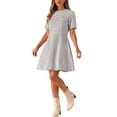 thumbnail image 4 of Vestido skater elegante de tweed de manga corta y cuello redondo para mujer S en albaricoque, 4 of 6