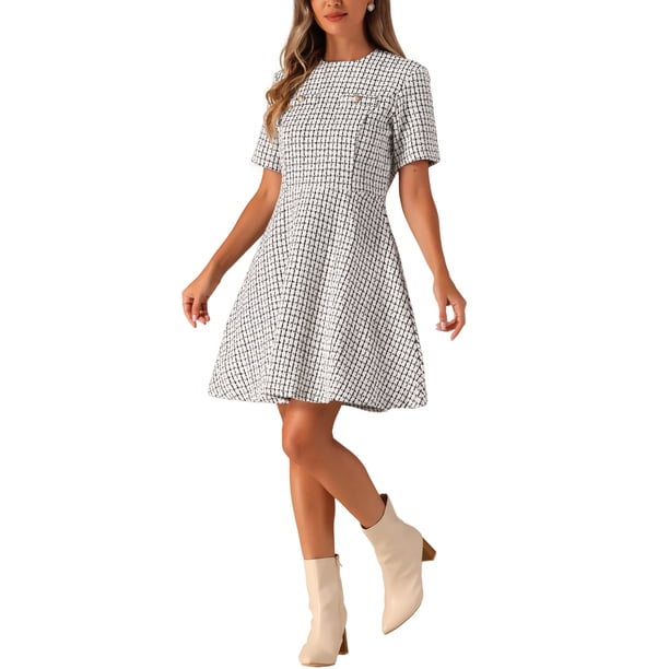 tweed skater dress Inspire Chic Women's Short Sleeve Crew Neck Elegant Skater Tweed Dress M Pink, Size: Medium