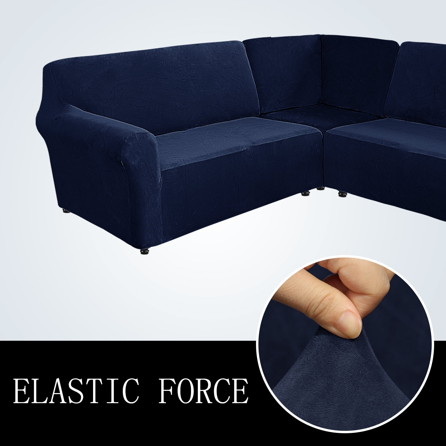 Eurhowing 5-Seater L-Shaped Sofa Cover, Stretch Velvet Soft Couch Slipcover for Sectional Corner Sofa, Non-Slip Furniture Protector, Navy Blue