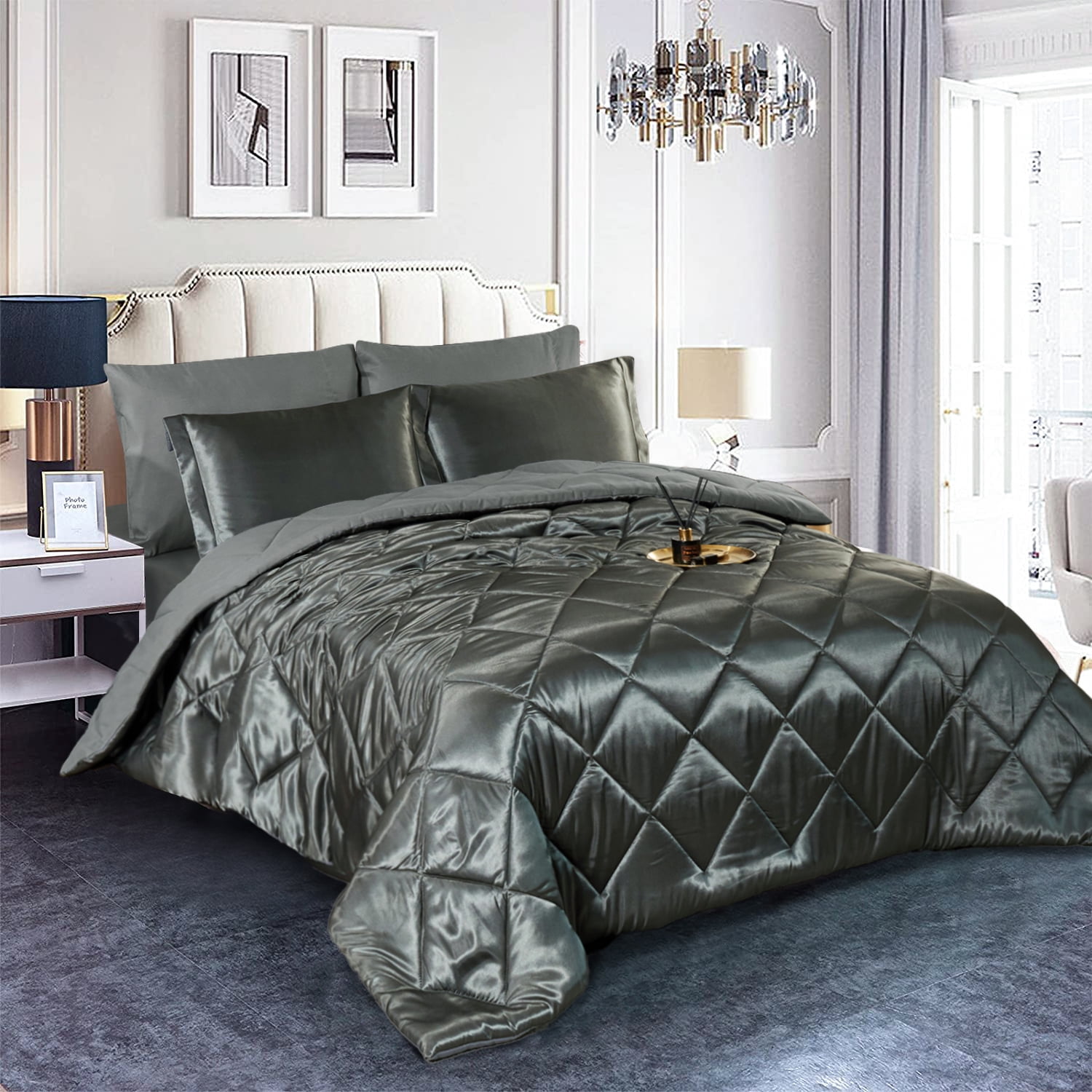 JML 6 Piece Silky Satin Bed in a Bag Comforter Set with Sheets,Twin, Dark Grey