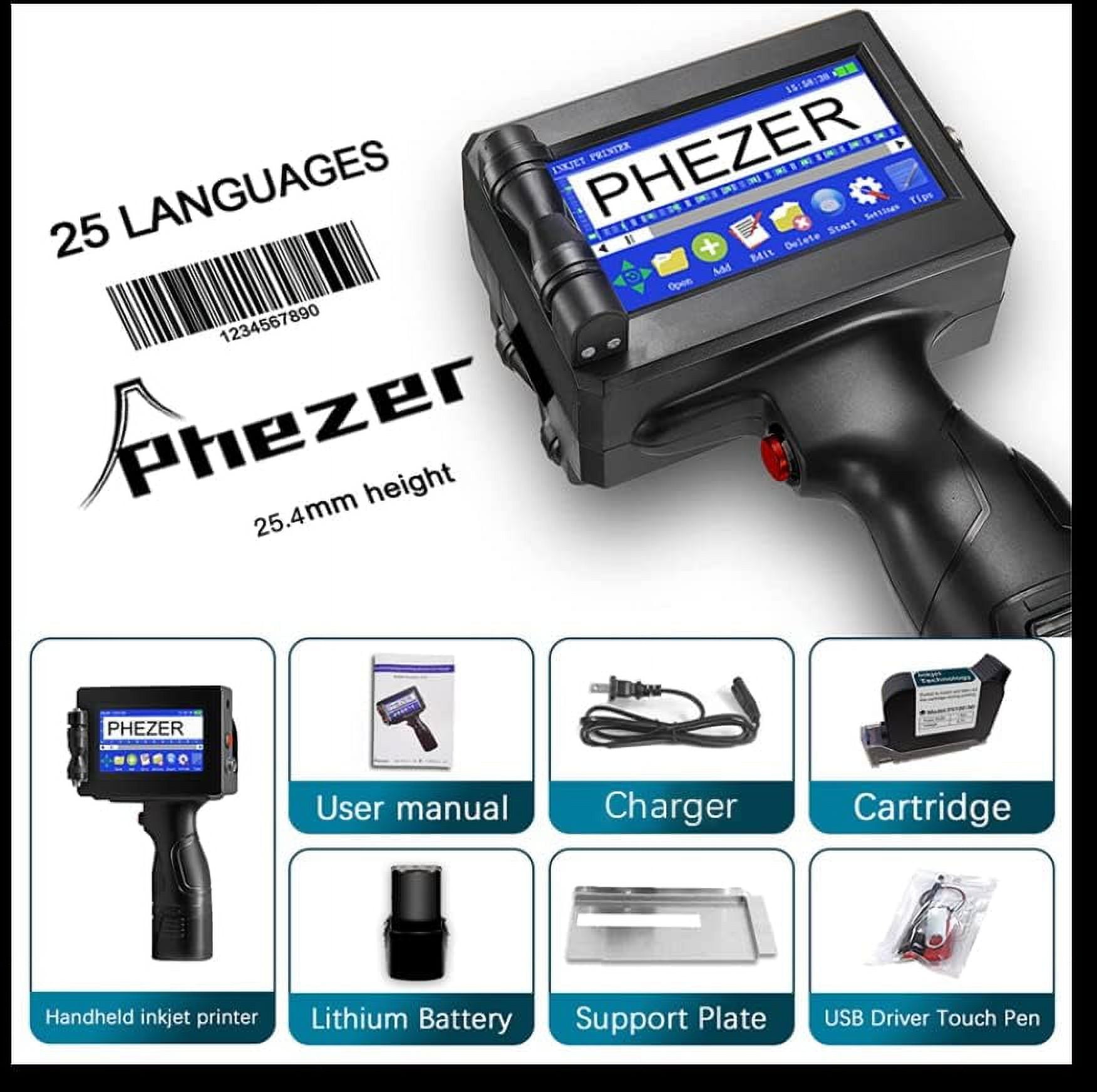Phezer Handheld Inkjet Printer for Any Surface, 1inch/25.4mm P15-1 Model for QRCode Barcode Production Date Time Logo Batch Number Print On Glass Bag Carton Box Wood Cloth Plastic Cable