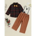 thumbnail image 2 of Argulvti Toddler Boy Gentleman Set Plaid Printed Long Sleeve Button Down Shirt with Bowtie + Suspender Pants Outfit, 2 of 9