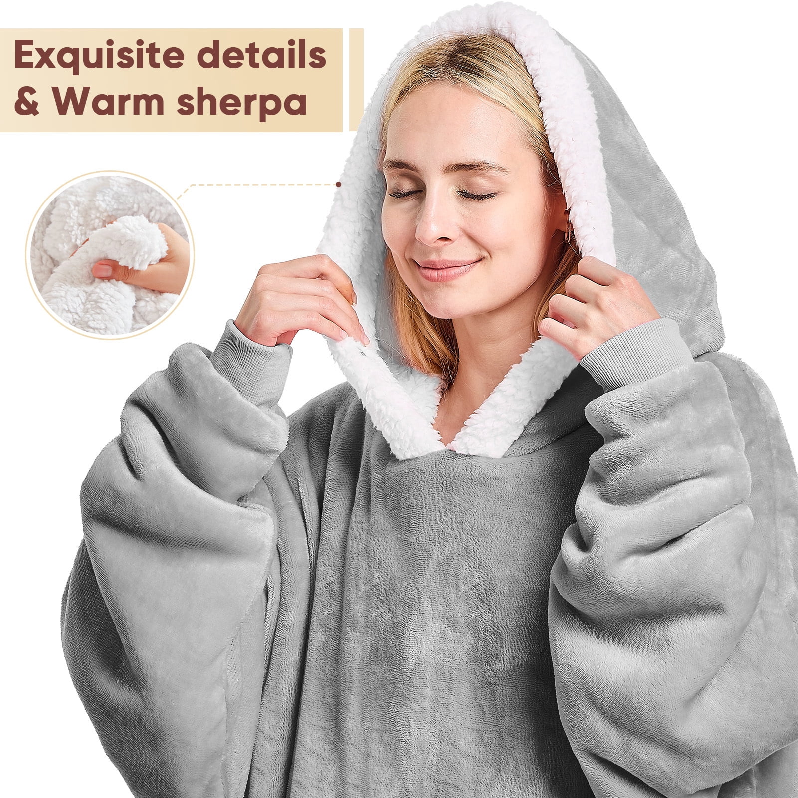 PMONPA Wearable Blanket Hoodie, Flannel Sherpa Fleece, Warm and Cozy Giant Sweatshirt for Adult, Woman and Man, One Size Fits All (Light Gray)