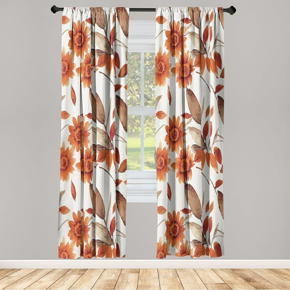 Floral Window Curtains, Minimal Retro Autumn Romantic Daily Like Flowers Watercolor Art, Lightweight Decor 2-Panel Set with Rod Pocket, Pair of - 28"x63", Burnt Orange Umber and White, by Ambesonne