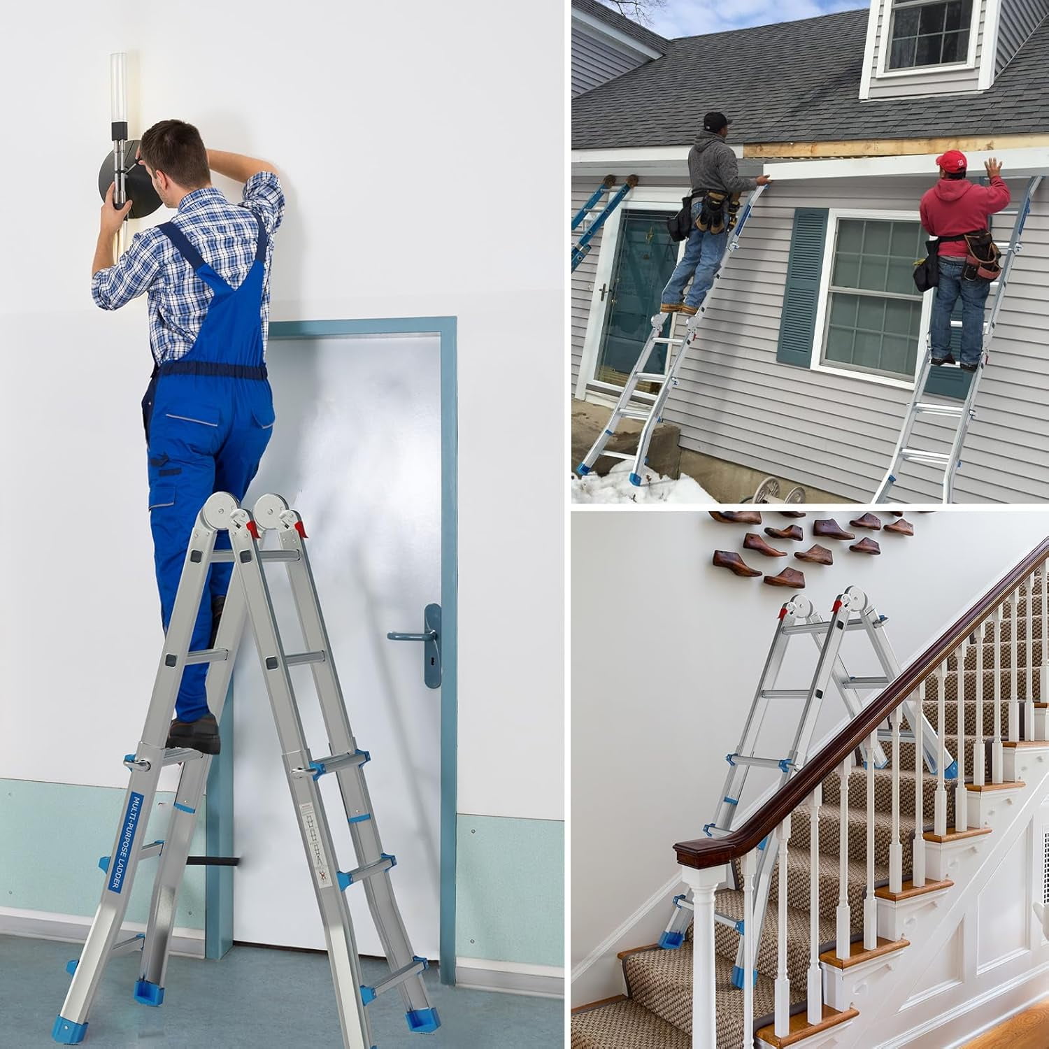 BaytoCare Extension Ladder, 13ft Reach Height A Frame 3 Step Ladder, Muti Position Telescoping Ladder, 330 lbs Capacity, Flared Leg Design