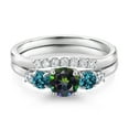 thumbnail image 3 of Gem Stone King 10K White Gold Green Mystic Topaz London Blue Topaz and White Lab Grown Diamond 5 Stone Bridal Engagement Wedding Ring Set for Women (0.92 Cttw, Round: 5MM and 3MM, Size 8), 3 of 6