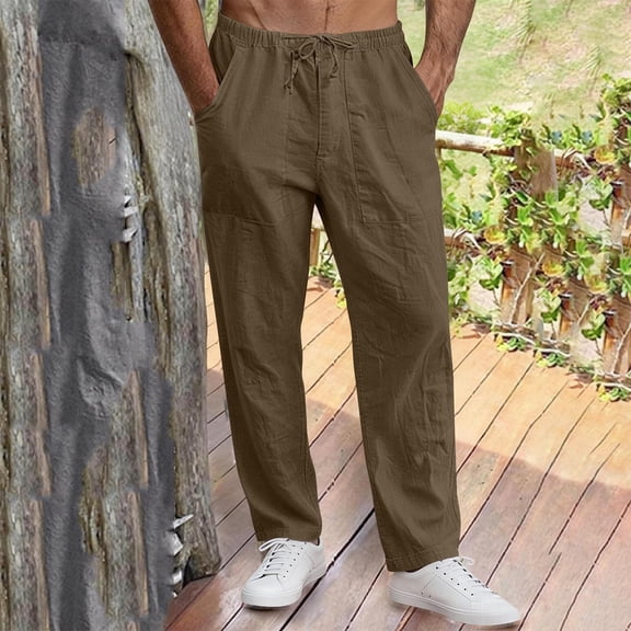 Summer Linen Trousers for Men, Lightweight Soft Elastic Waist Pants with Pockets, Wide Leg Casual Long Pants