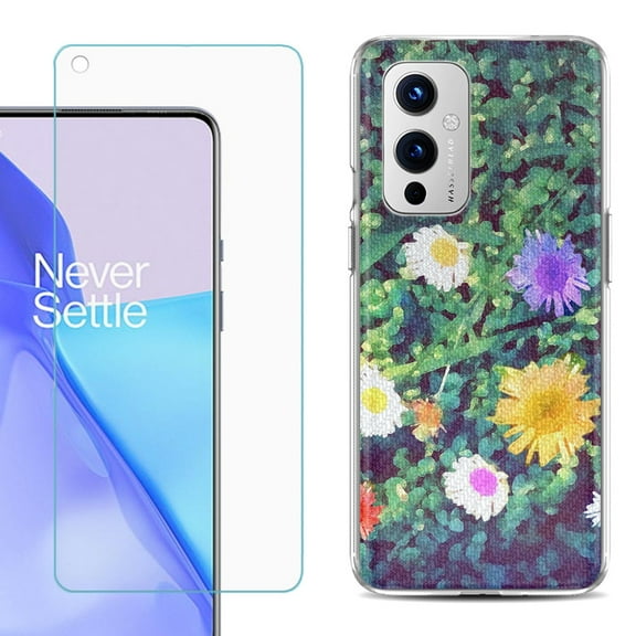 Slim-Fit TPU Phone Case Compatible with OnePlus 9 5G, with Tempered Glass Screen Protector, by OneToughShield ® - Daisy Paint