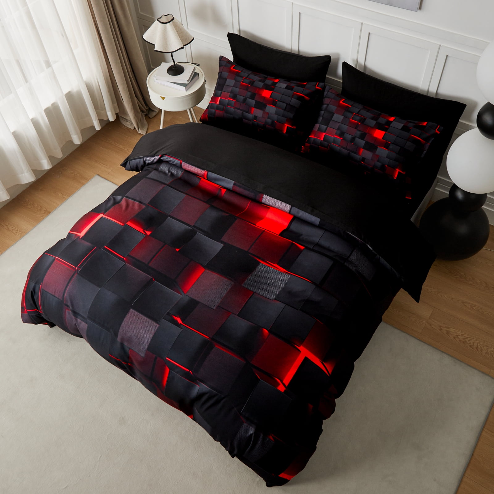 Flymme 3 Pieces Bedding Duvet Cover Set Queen Size Comforter Cover with Red Neon Light Pattern Modern Queen Duvet Cover Gift for Teen Men Bedroom Decor