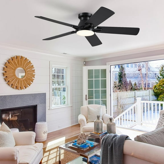 52 Inch Black Flush Mount Ceiling Fan with Dimmable LED Light, Remote/APP Control, Reversible Motor, Low for Modern Indoor and Outdoor Patios