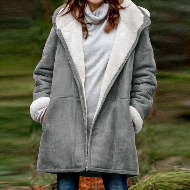 Holiday Deals Saving Pejock Jackets for Women Winter Warm Sherpa Lined Coats Plus Size Hooded Parka Faux Suede Long Pea Coat Outerwear Classic Fit