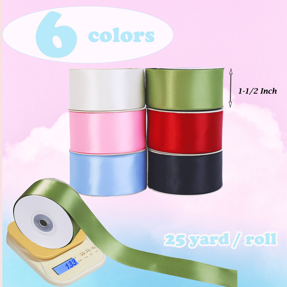 Yarniss Satin Ribbon 6 Rolls Total 150 Yards, 1-1/2 Inches 25 Yards, Solid Fabric Ribbon Roll for Flower Bouquets, Gift Wrapping, Wedding, Handmade Crafts