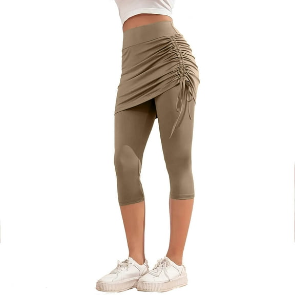 Womens Ruched Skirted Leggings High Waist Tennis Skorts Capris Tie Side Golf Tennis Gym Legging with Mini Skirts Khaki, M