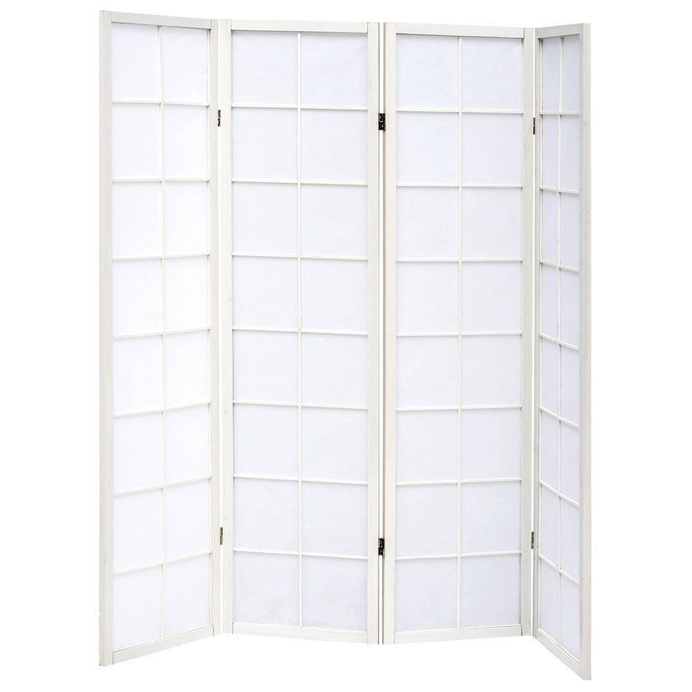 HUBERT Floor Screen Room Divider White Wood 4-Panel Slatted - 70" L x 1" D x 69" H