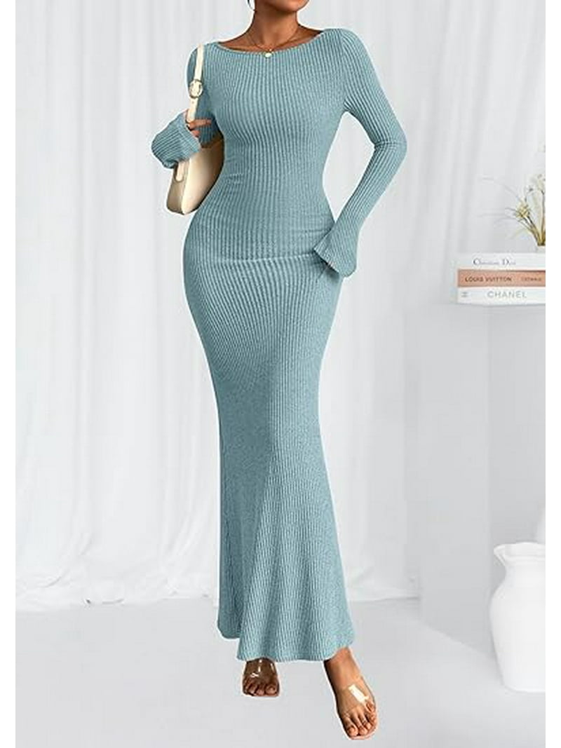 PRETTYGARDEN Women's Fall Fashion Long Sleeve Maxi Dress Ribbed Knit Boat  Neck Bodycon Casual Dresses Going Out Outfits - Walmart.com