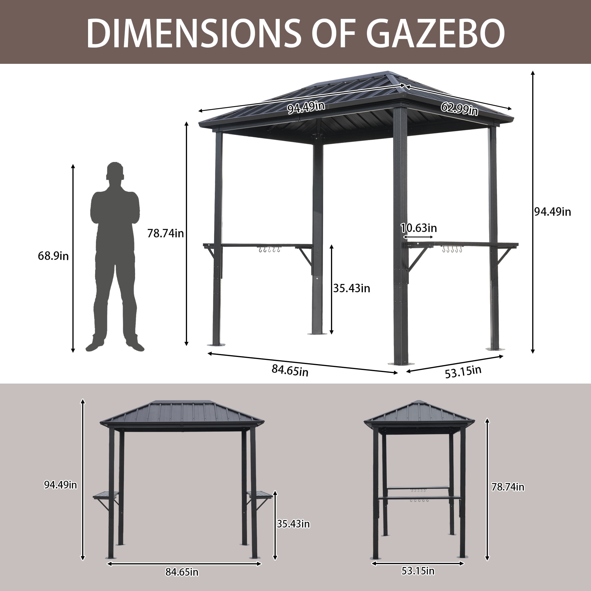 5FT x 8FT Single Hardtop Iron-Roof Aluminum Frame BBQ Gazebo for Outdoor Cooking