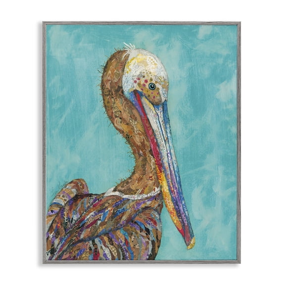 Stupell Industries Eclectic Beautiful Pelican Bird Vivid Collaged Patterns Design Gray Framed Giclee Art, 16 x 20, by Lisa Morales
