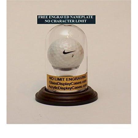 Golf Ball Personalized Hole in One - Eagle - Best Round - Game Glass Display Case Round Dome with Walnut Finish Wood Base - Free Engraved Nameplate