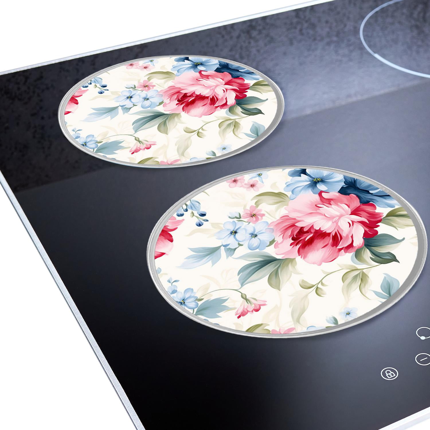 Metal Stove Burner Covers 4 Pcs Metal Round Stove Burner Covers 8Inch And 10Inch ,Pink Rose & Blue Flower Floral image, for Home Decor Cooktop Decorative