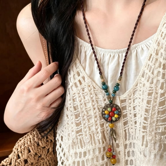 Ethnic Multi-Color Bead Tassel Pendant Necklace Braided Cord Long Boho Layer Neck Jewelry for Women