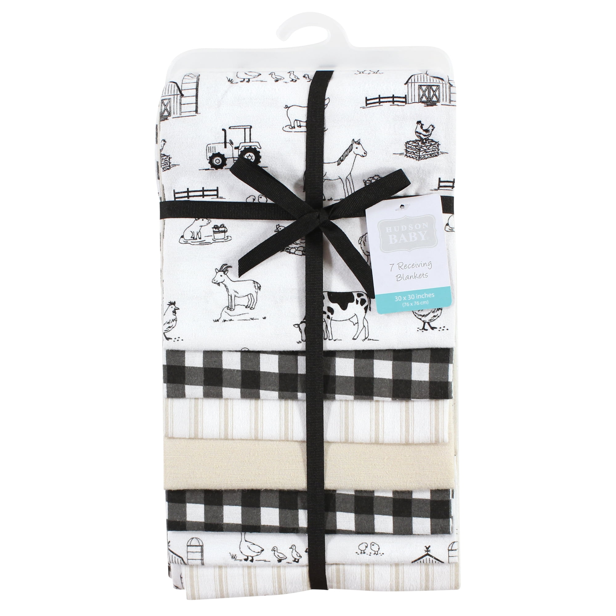Little Treasure Hudson Baby Cotton Poly Flannel Receiving Blankets 7-Pack, Black Neutral Farm, 30x30 inches