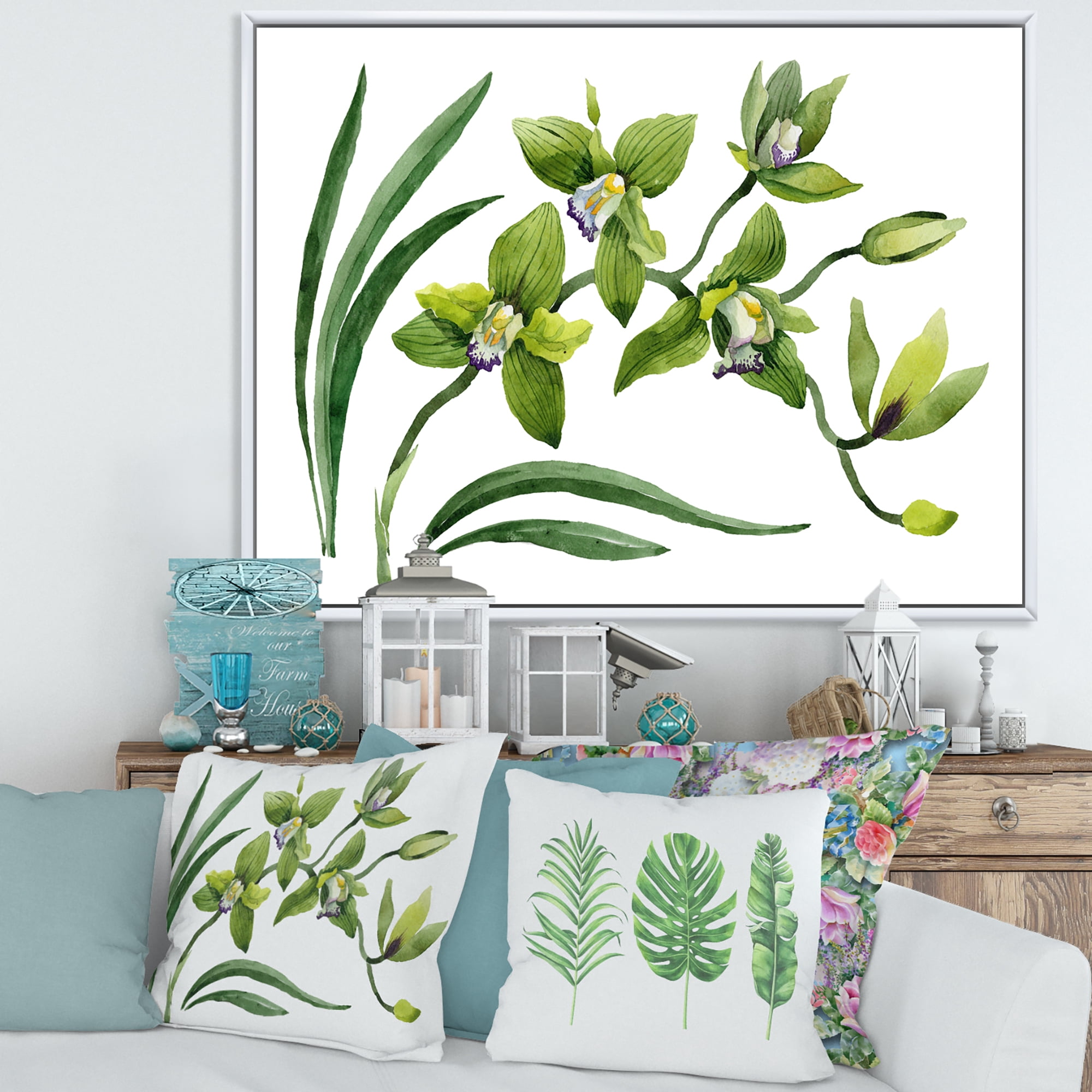 Designart 'Green Orchid Flowers On White' Traditional Framed Canvas Wall Art Print