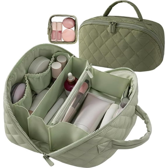 Large Travel Makeup Bag for Women, 180° Lay-Flat Wide Open Cosmetic Organizer, Water-Resistant Toiletry Bag with Compartments, Puffy Padded Makeup Case for Brushes, Skincare & Travel Essentials